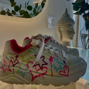 Skechers White Sneakers with Pink, Purple and Neon Green Accents